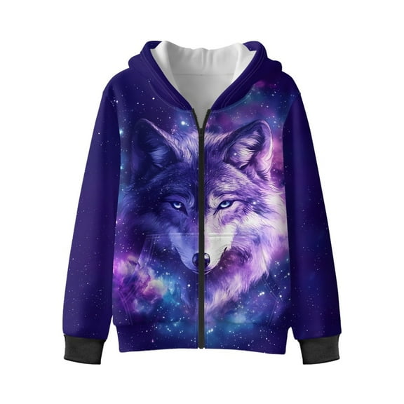 Xixirimido Wolf Galaxy Purple Pattern Kids Hoodies for Boys Girls Zip Up Hoodie Sweatshirt 3D Graphic Long Sleeve Pullover Top with Pocket for Fall Winter for 6-8 Years