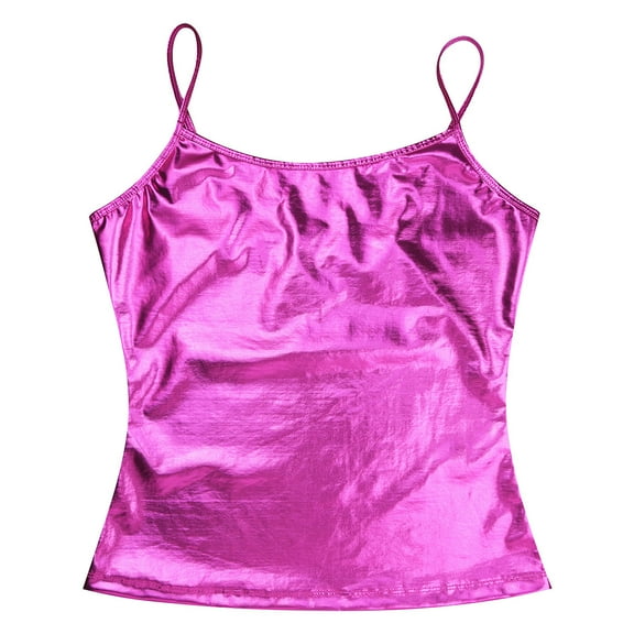 CHICTRY Womens Sleeveless T-shirt Shiny Patent Leather Cami Tank Tops Casual Spaghetti Straps Vest Rose S