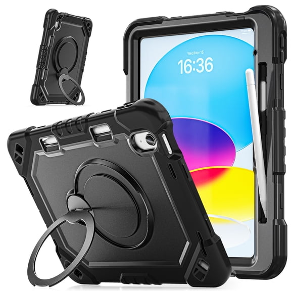 COAROVER for iPad A16 11th Gen 11" 2025 Shockproof Tablet Case with Screen Protector 360 Rotating Kickstand Shoulder Strap Rugged Full Body Heavy Duty Back Cover,Black