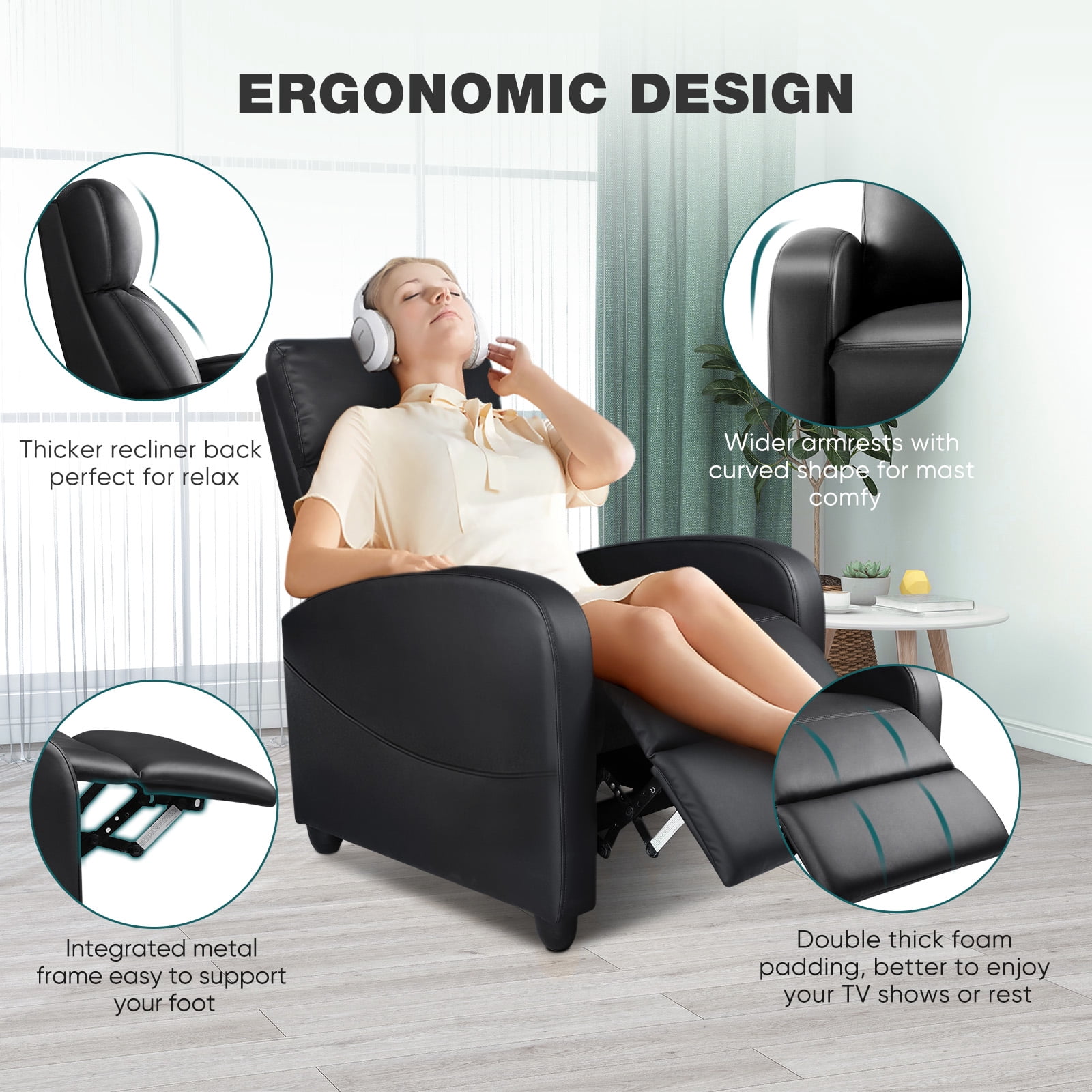 CONCETTA Vibration Massage Recliner Chair for Living Room, Home Theater, Small Sofa with 160-Degree Reclining Angle, 275lb Capacity, Black