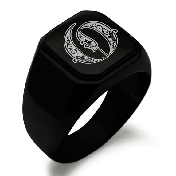 Stainless Steel Letter O Initial Royal Monogram Engraved Engraved Square Flat Top Biker Style Polished Signet Ring