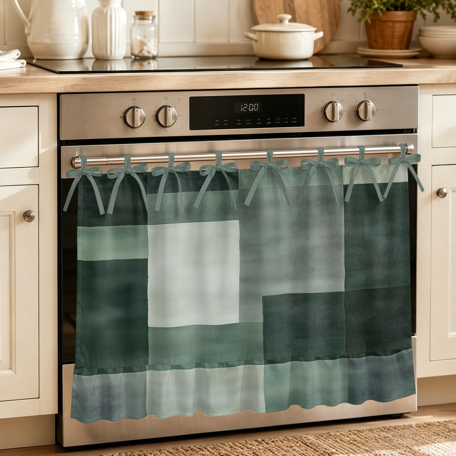 Modern Green Oven Curtain with Tie Top Oven Skirt Curtain for Kitchen Square Smear Street Art Neutral Textured Under OvenCover Panel for Dust & Grease Apartment RV Cabinet Curtains 27 x20
