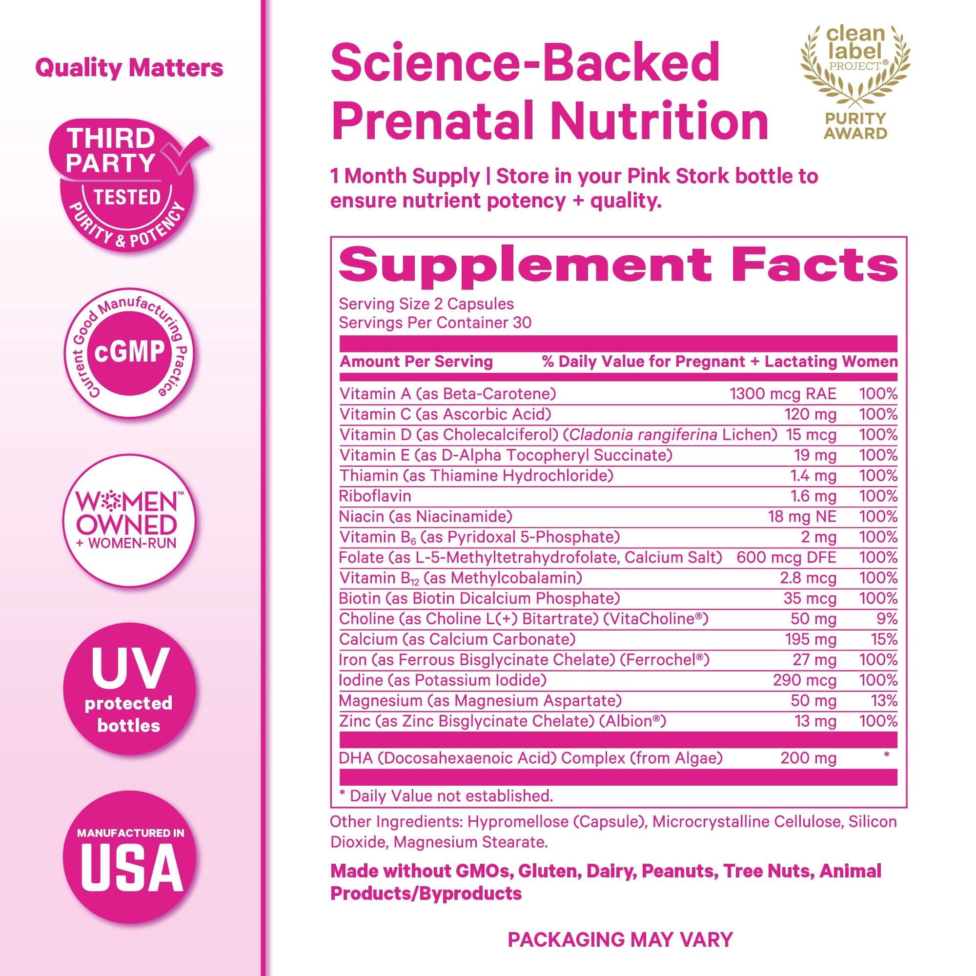 Pink Stork Total Prenatal Vitamins with DHA, Biotin, Folate, Choline, Iron - Non GMO, 60 Daily Capsules