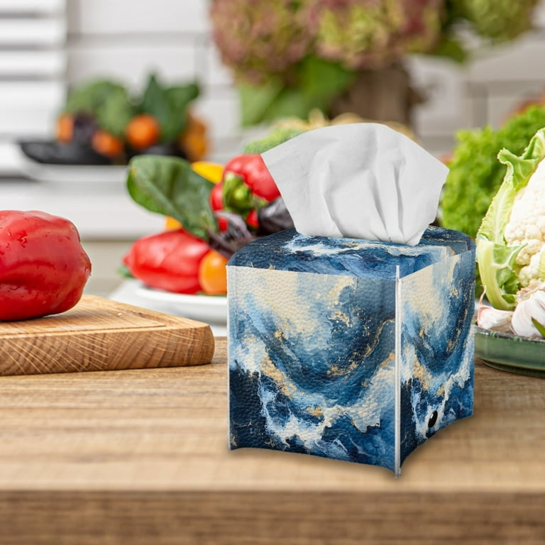 ZIATUBLE Blue Marble Stripes Leather Tissue Box Covers Square