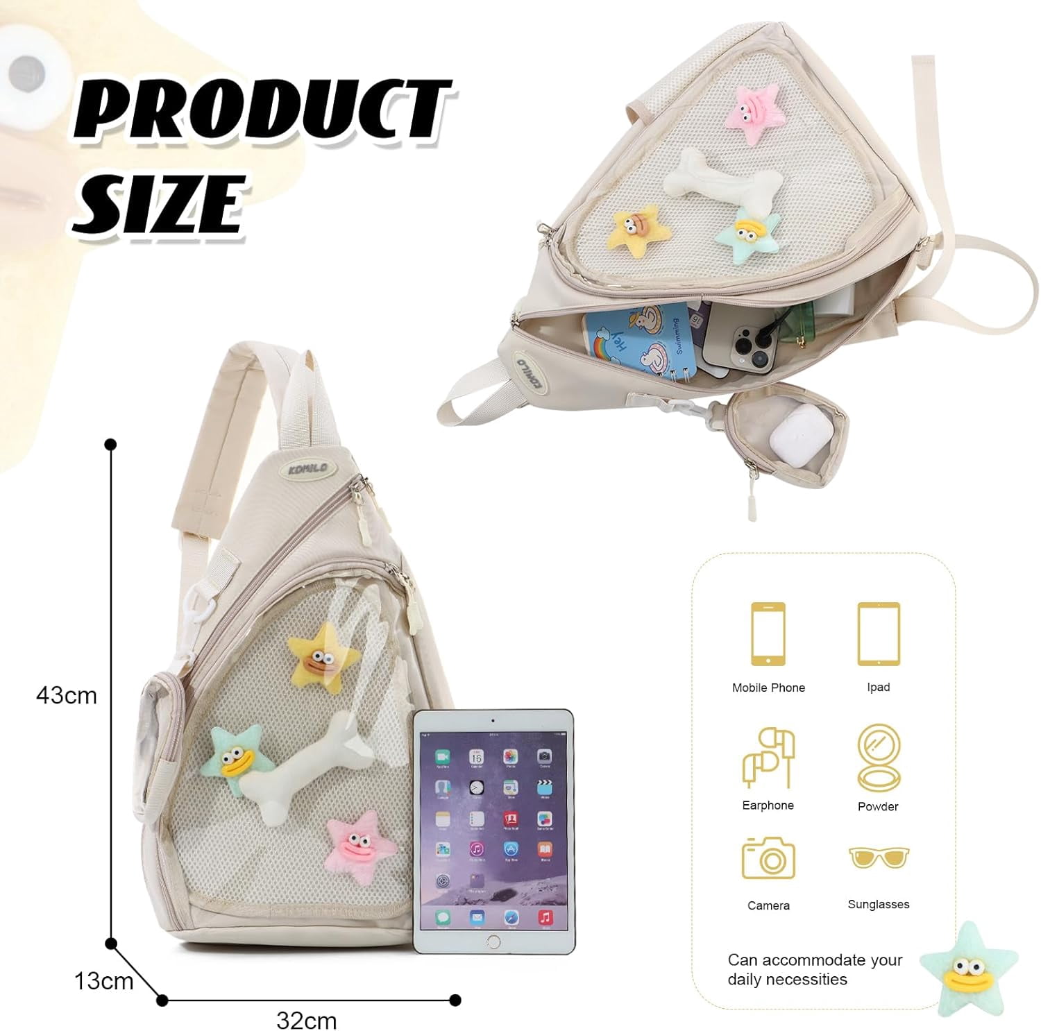 Cute Backpack Men's and Women's Cute Pin Display Backpack Waist Bag Black Crossbody Bag Hiking Daypack