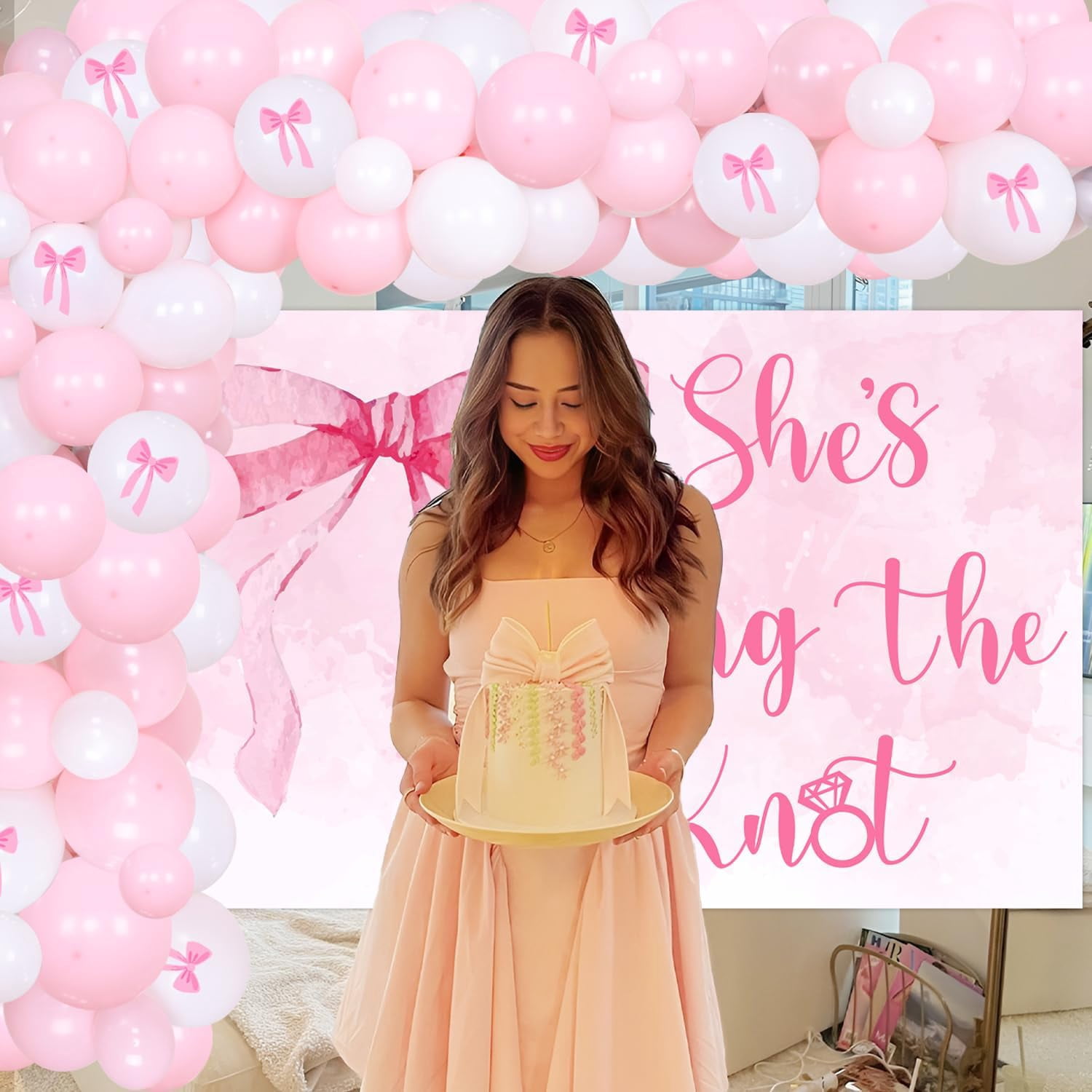 Merrystorm She's Tying The Knot Bridal Shower Decorations, Pink Bow Coquette Bachelorette Party Supplies Backdrop Banner Bow Balloon Garland Arch Kit for Women Bachelorette Bridal Shower