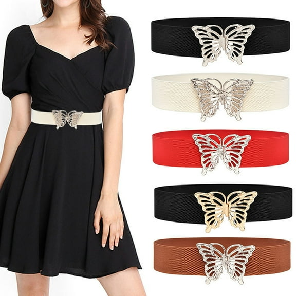 D-GROEE Women Fashion Elastic Hollow Out Butterflies Decor Belt Stretchy Skinny Waist Belt for Dress Jeans Pants with Metal Gold Buckle