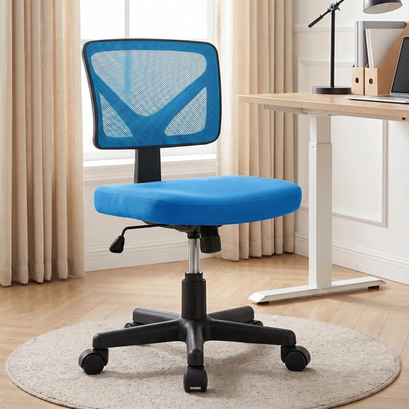 Blue Armless Office Chair With Mesh Back, Height Adjustable Swivel Rolling Desk Chair For Home Or Office