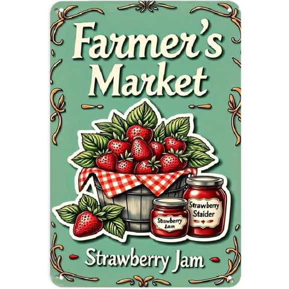 Vintage Strawberry Jam Market Metal Wall Decor Tin Sign 8 x 12 with Hanging Holes
