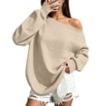 thumbnail image 2 of Women's Off Shoulder Drop Shoulder Oversized Long Sleeve Knit Pullover Top Casual Breathable | CSEONE, Khaki S, 2 of 9