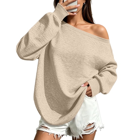Htigea Off Shoulder Long Sleeve Top for Women Oversized Drop Shoulder Slouchy Shirts Casual Travel Daily Going Out Pullover Fall Outfits Khaki S