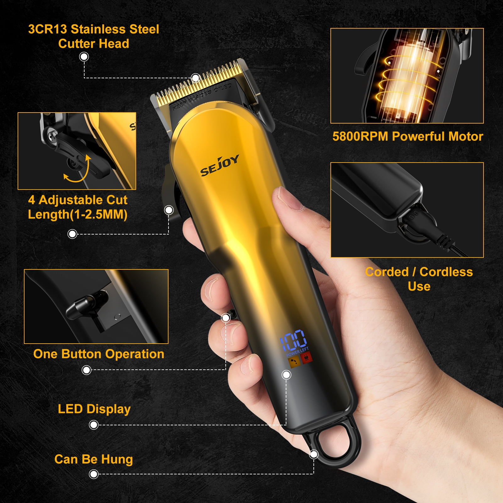 Sejoy Hair Clippers for Men, Professional Hair Trimmer, Cordless Barber Hair Grooming Kit, Beard Trimmer,Rechargeable Home Haircut for Women & Children LED Display USB Rechargeable,Gold