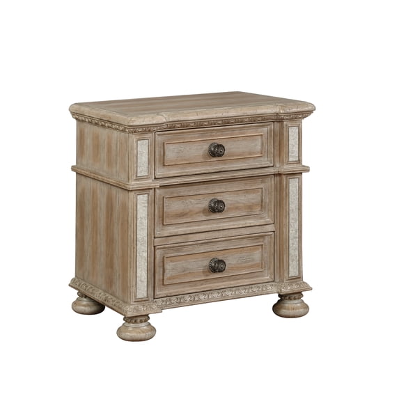 Catalina - 3 Drawer Night Stand, Natural Rustic Finish & Antiqued 2" Mirror Trimming