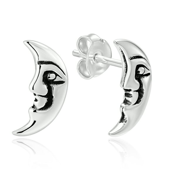 Mystic Crescent Moon Smiling Face Sterling Silver Stud Earrings