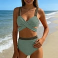 thumbnail image 2 of Tnhcen Women's High Waisted Cross Front Bikini Set, Nylon Spandex Swimsuit, Tankini Top & Bottom, Solid Color Beachwear, 2 of 6