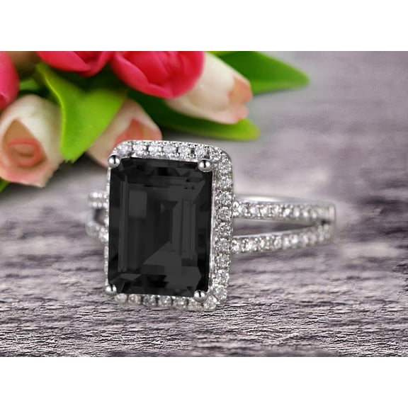 2 Carat Emerald Cut Black Diamond Moissanite Engagement Ring Diamond Wedding Ring on 10k White Gold