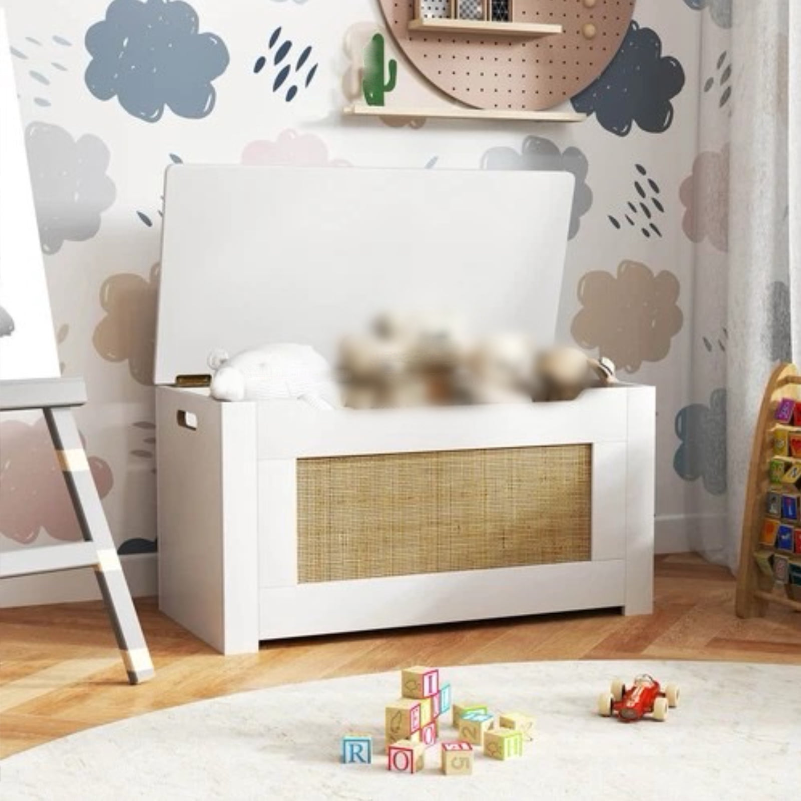 Auranook 31.5" Toy Chest for Kids Rattan Toy Storage Box with Flip Top Lid & Safety Hinge