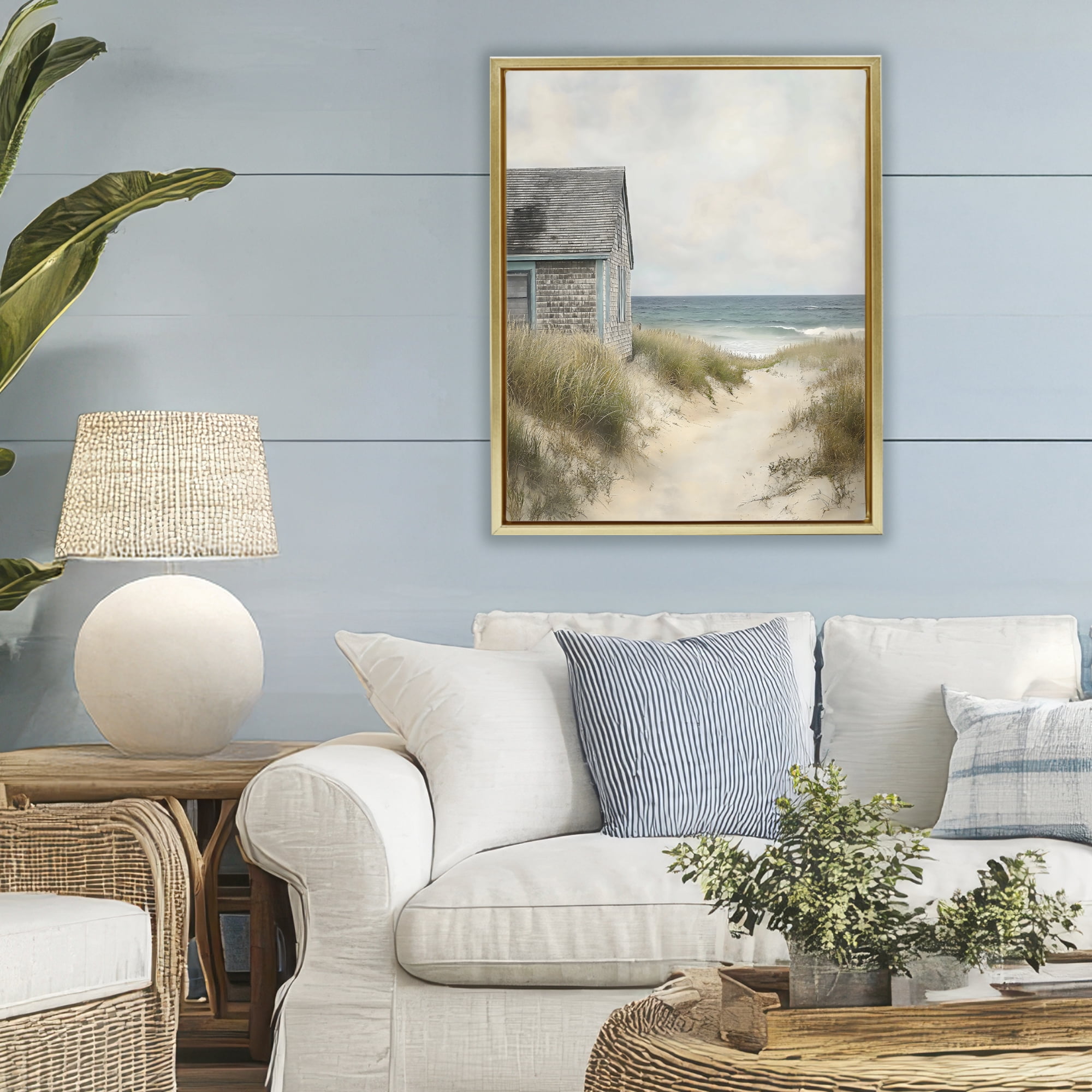 Stupell Industries Oceanfront Cottage on Dune Path Gold Framed Floater Canvas Wall Art, design by Creative Studio