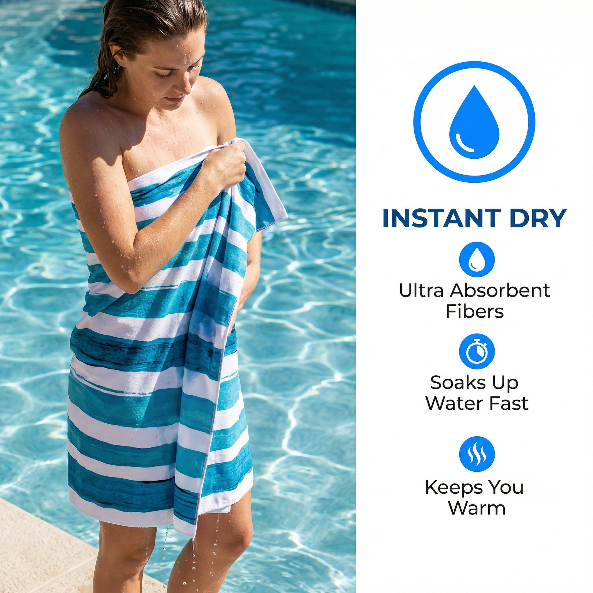Unique Bargains Striped Lightweight Quick Dry Absorbent Beach Towel Aqua Blue 63" x 31"
