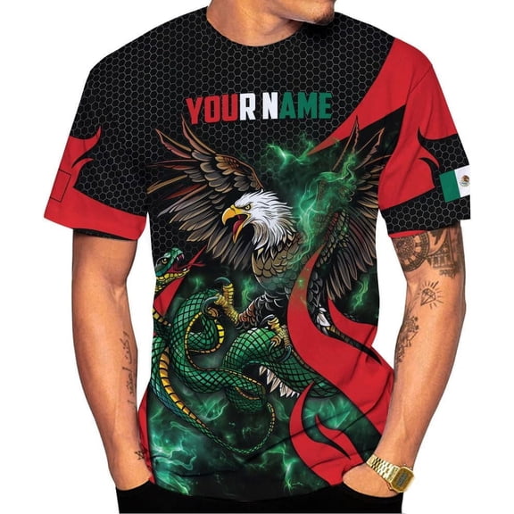 Custom Mexico Shirts Personalized Name Mexican 3D Flag Shirt for Men Women Aztec Unisex US Eagle Pride Camisas (DefaultTitle, S)