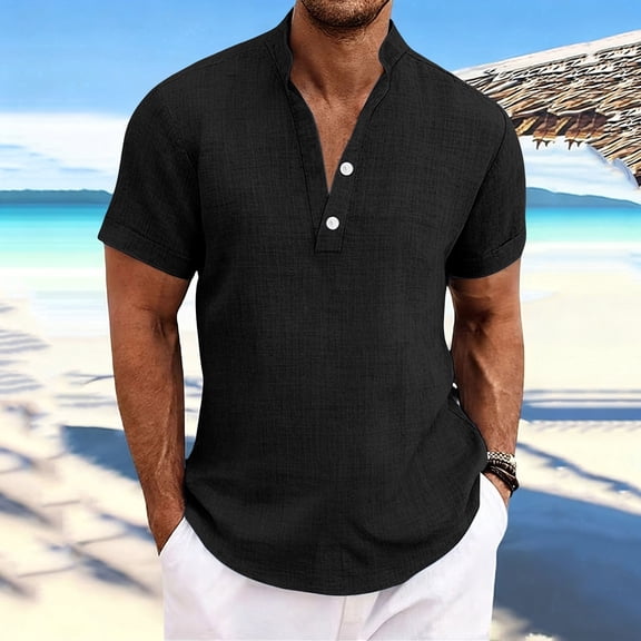 DPTALR Men's Fashion Casual Solid Color Short Sleeve Stand Collar Button-Up Shirt,Black, S