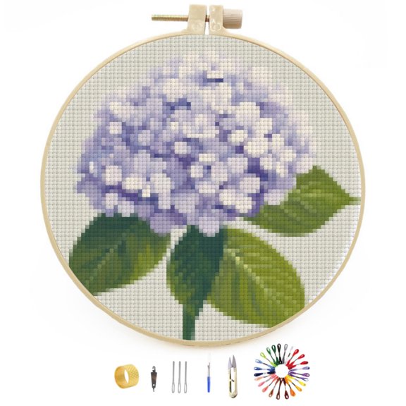 Beautiful Hydrangea Flower Easy Stamped Cross Stitch Kits for Beginners with Hoop Simple Patterns 11CT Counted Embroidery Needlepoint Crafts Arts for DIY Enthusiasts and Home Decor 26x26cm(2)