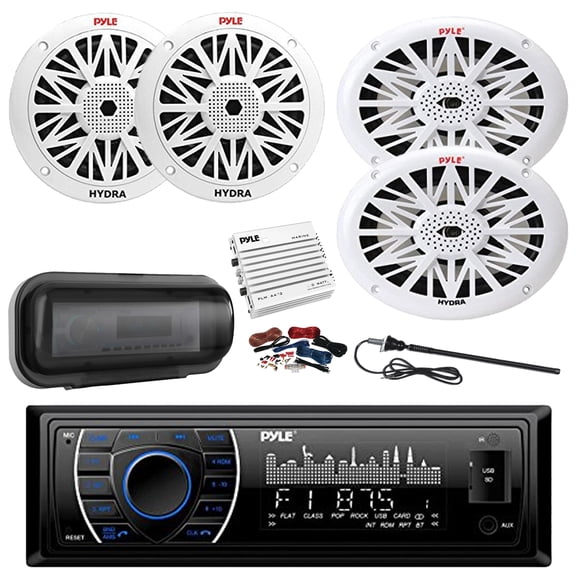 Pyle PLRMR27BTB Marine Bluetooth MP3 Radio Receiver, Cover, 4-Channel Amplifier w/Kit, 2x 6.5" 200W Full Range 2-Way Waterproof Speakers, 2x 6x9" 260W 2-Way Outdoor Speakers, Longe Range Antenna
