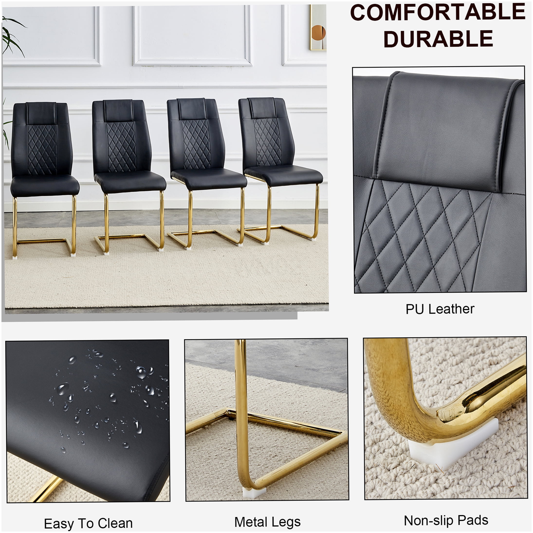Modern Dining Chairs Set of 6, Black PU Leather Upholstered Side Chairs with Gold Metal Legs for Kitchen Dining Room