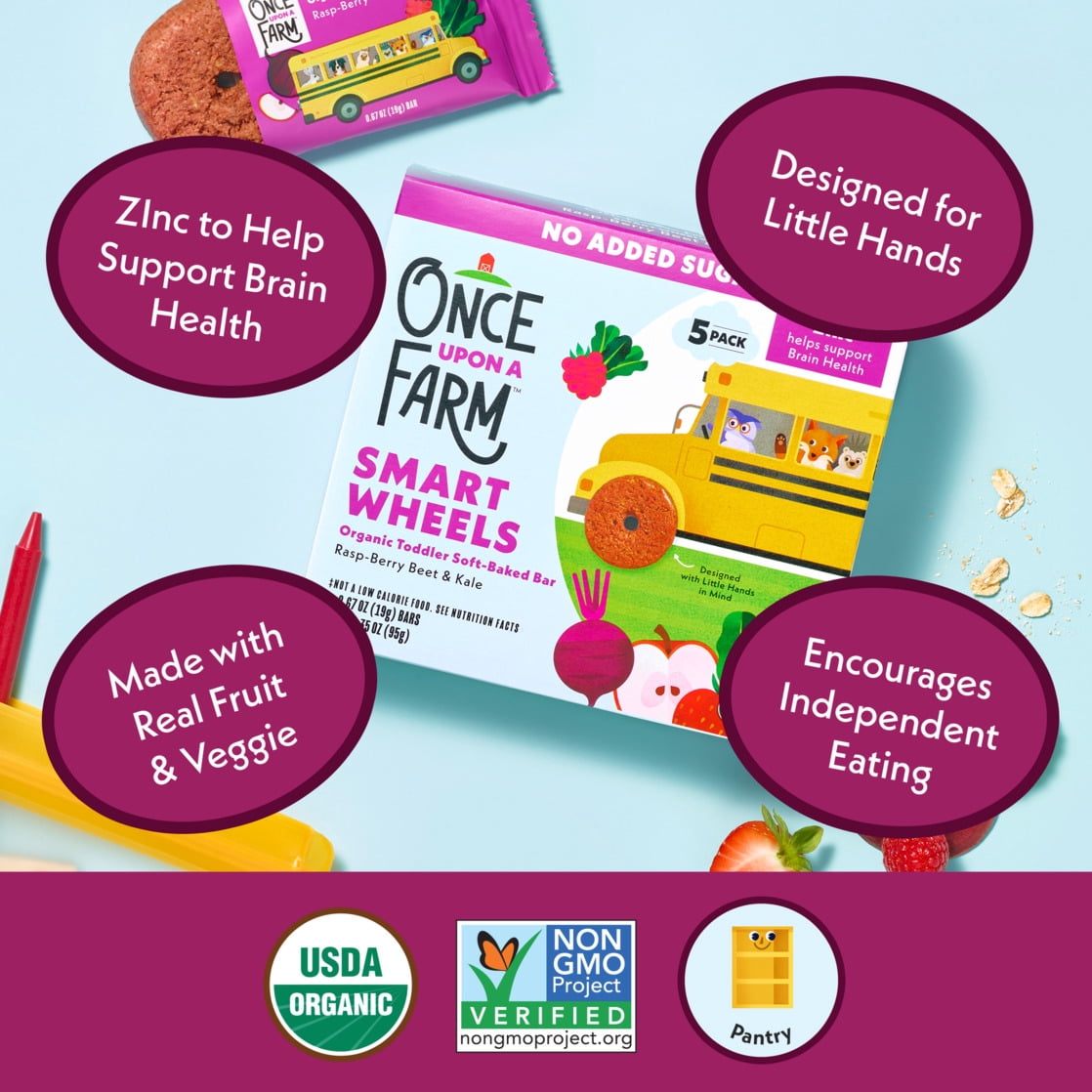 Once Upon a Farm Organic Smart Wheels Toddler Bar, Rasp-Berry & Kale, 5ct