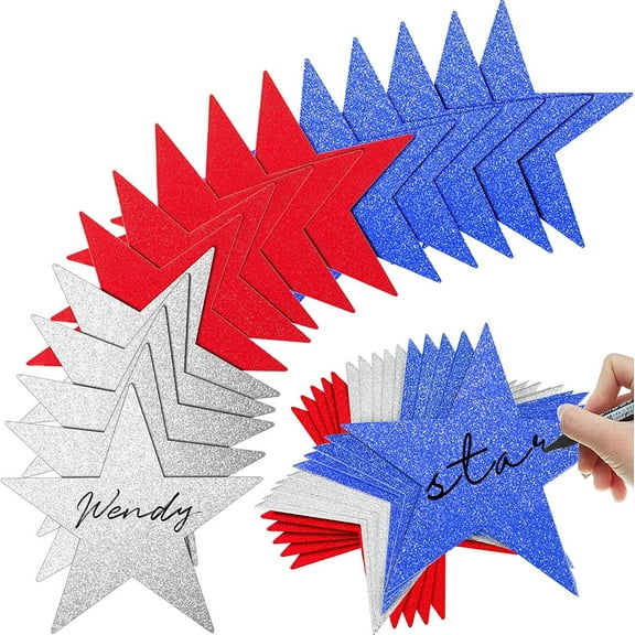 80 Pieces Glitter Star Cutouts Paper Star Confetti Cutouts for Bulletin Board Classroom Wall Party Decoration Supply, 6 Inches Length (Red, Blue, Silver)