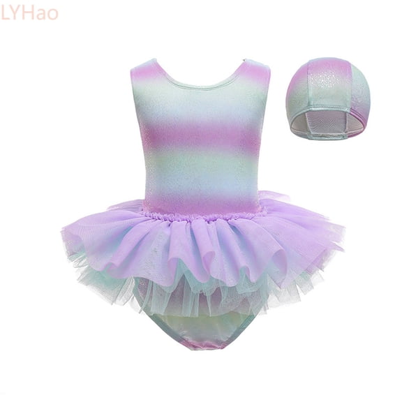 LYHao Girls Swimwear For Kids With Print And Mesh Overlay Swim Cap Included Eye Catching Beachwear For Girls 2 8 Years Old,Two-Piece Swimwear 2-3 Years Purple