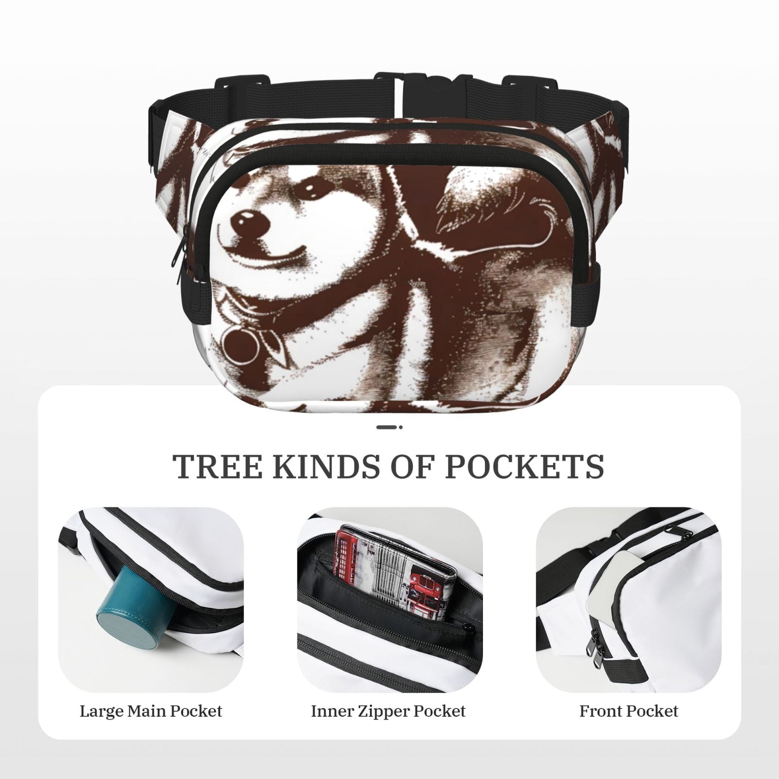Picia Vintage Husky Dog Print Square Double-Layer Waist Bag Mini Adjustable Waist Belt Bag Exercise Running Travel Hiking