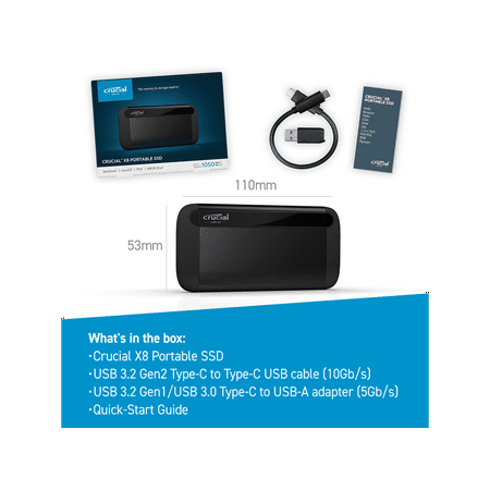 Crucial - X8 1TB External USB-C 3.2 Gen 2/USB-A Portable SSD