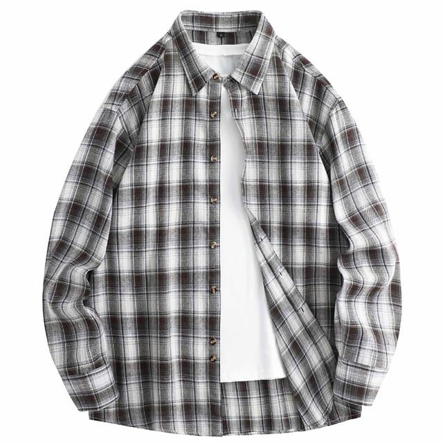 RKSTN Chemise/haut à Carreaux Rétro pour Homme à Boutons, Col à Revers, Manches Longues, Brun, TTG