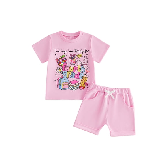 BemeyourBBs Toddler Baby Girl Back To School Outfit 4 5 6 7 8 9 10 Years Pre Kindergarten Outfit Baby Girl Summer Good Say I'm Ready for Pre-K Clothes Short Sleeve T Shirt Top and Pockets Shorts Set