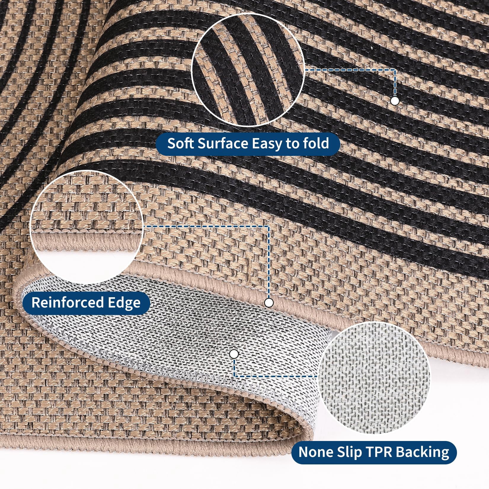 HIWEAVER Black/Camel 5' x 7' Easy Jute Area Rug for Living Room Non Slip Stain Resistant Arch Striped Indoor Carpet Non Shedding Modern Geometric Mat for Dining Room Outdoor Patio Rug