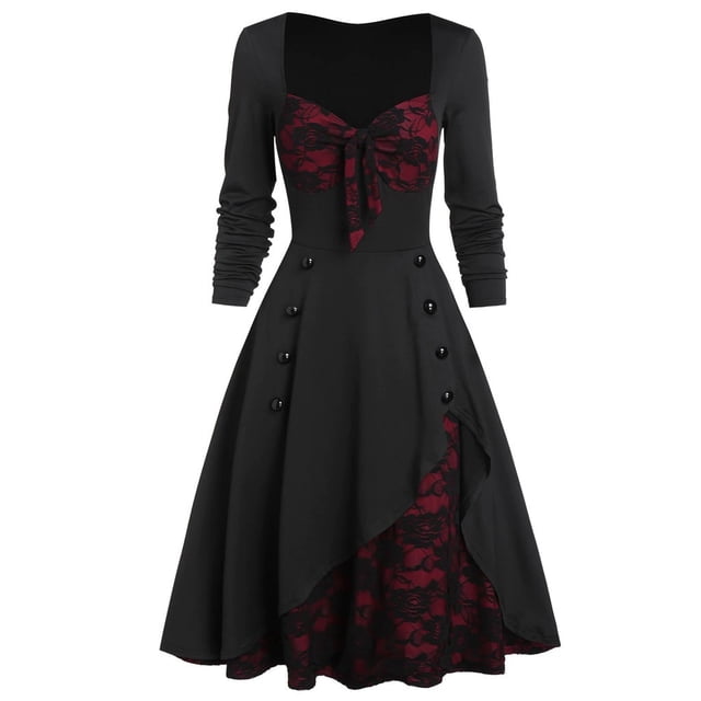 Huanglei Women Plus Size Party Dress Flower Lace Insert Mock Button Bowknot Vintage Dress