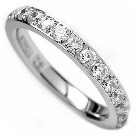 Silver Pave Wide Band Ring 3MM Ladies Titanium Eternity Engagement Band, Wedding Ring with Pave Set Cubic Zirconia Size 4 to 9 ()