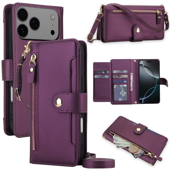Dteck Crossbody Wallet Case for iPhone 17 Pro Max, RFID Blocking PU Leather Folio Flip Phone Cover, Dark Purple
