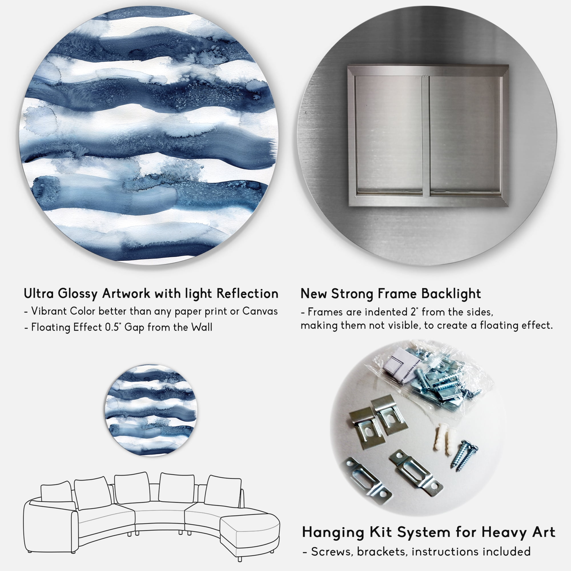 Designart 'Abstract Blue Classic Waves' Modern Circle Metal Wall Art 23x23 - Disc of 23