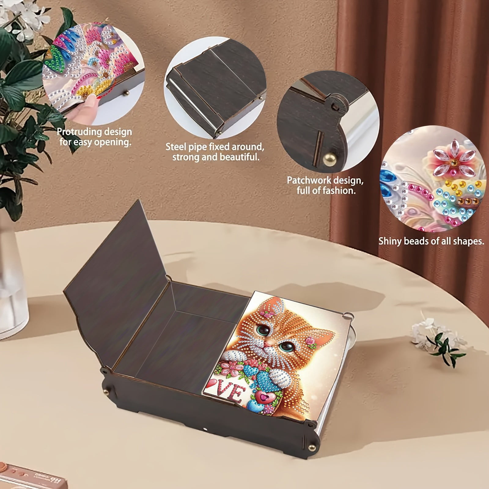 FLOPESN DIY Diamond Art Painting Jewelry Box,Creative Design Wooden Lid Rectangular Storage Case for Home Decor-Cat-1