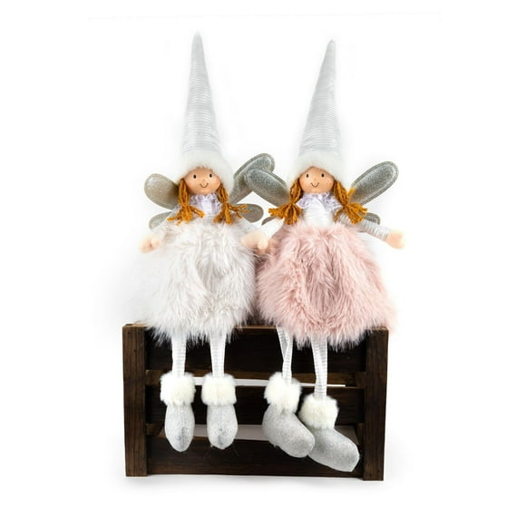 Lot de 2 45cm pattes pendantes ange avec jupe en fourrure, rose, blanche