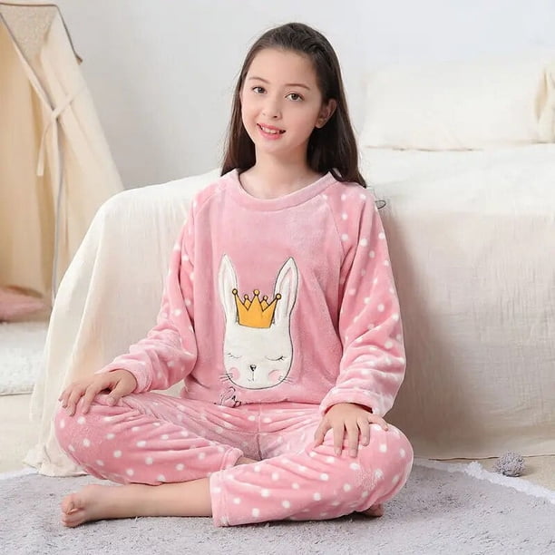Ropa para niñas, conjunto de pijamas de lana de Navidad, franela para niños, ropa de dormir cálida de dibujos animados, ropa de casa para niños, invierno, otoño, primavera, adolescentes de 5 a 15 años