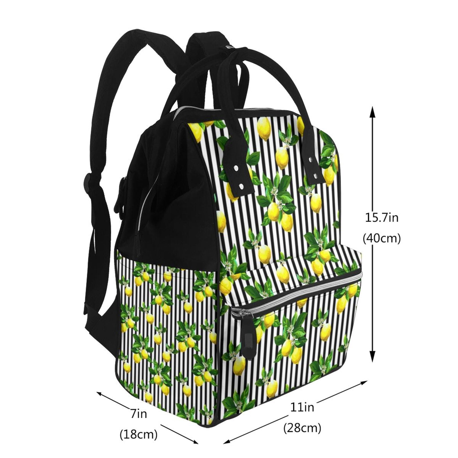 Ratiio Lemons on Striped Mummy Backpack - Waterproof Twill Canvas, Large Capacity Diaper Bag with Multiple Pockets and Adjustable Straps