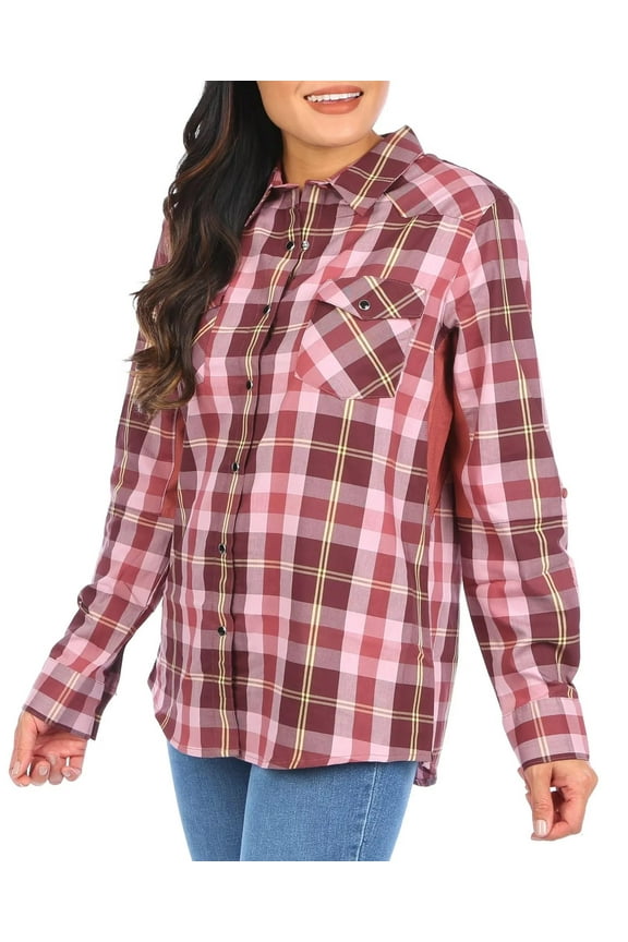Women's Long-Sleeve Outdoor Plaid Print Button Down Shirt (Purple Maroon, X-Large, XL)