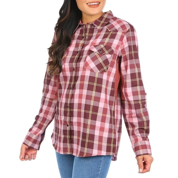 Wrangler Women's Long-Sleeve Outdoor Plaid Print Button Down Shirt (Purple Maroon, X-Large, XL)