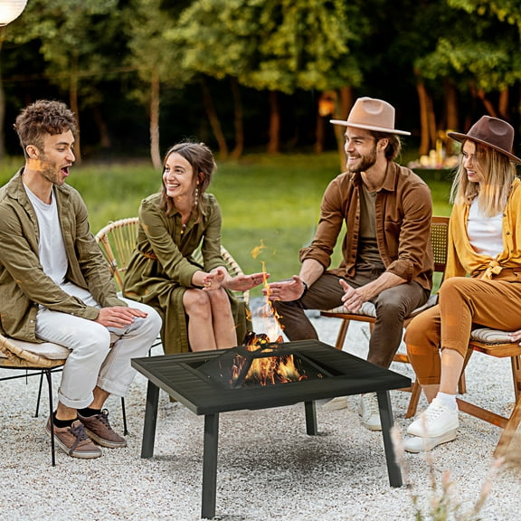 Outsunny 34" Fire Pit with Grill, Square Metal Outdoor Wood Burning Fire Pit with Spark Screen, Fire Poker, Cover, Table Lip, Black