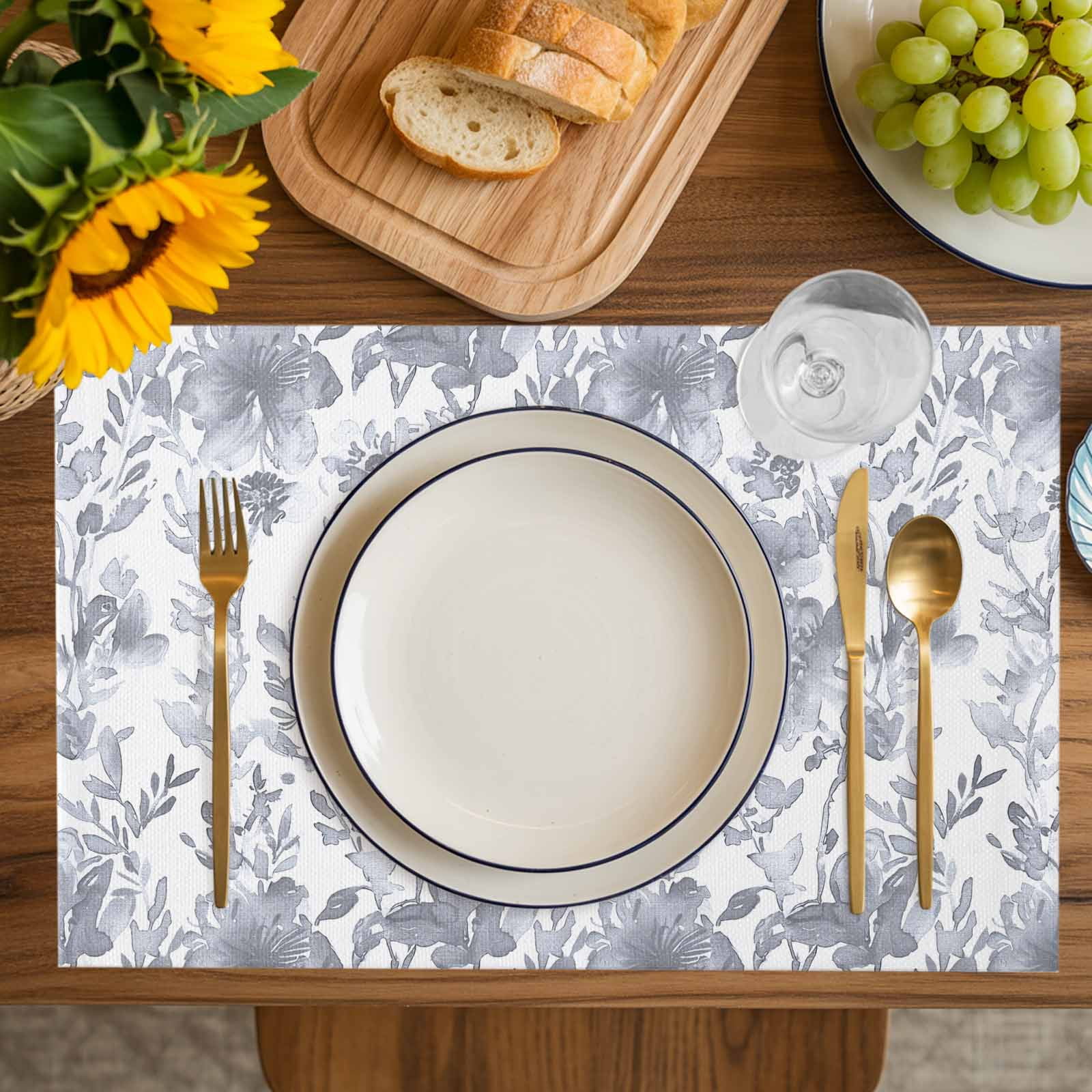 Placemat Watercolor Flower Placemats for Dining Table Gray Floral Plant Washable Table Mats for Party Kitchen Dining Decoration