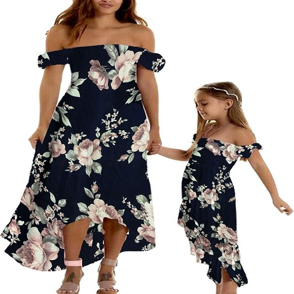 Mommy and Me Dress Matching Outfits Off Shoulder Beach Boho Maxi Ruffle Chiffon Dress for Mother and Daughter