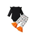 thumbnail image 2 of Wassery 2Pcs Baby Girl Fall Outfits Long Sleeve Letter Ghost Spider Web Bat Print Sweatshirt Rompers Tops Flare Pants 3M 6M 9M 12M 18M 24M Toddler Halloween Clothes Set, 2 of 9